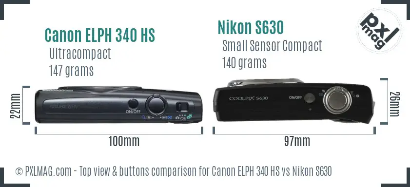 Canon ELPH 340 HS vs Nikon S630 top view buttons comparison