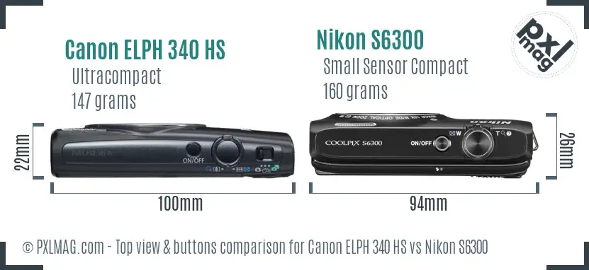 Canon ELPH 340 HS vs Nikon S6300 top view buttons comparison