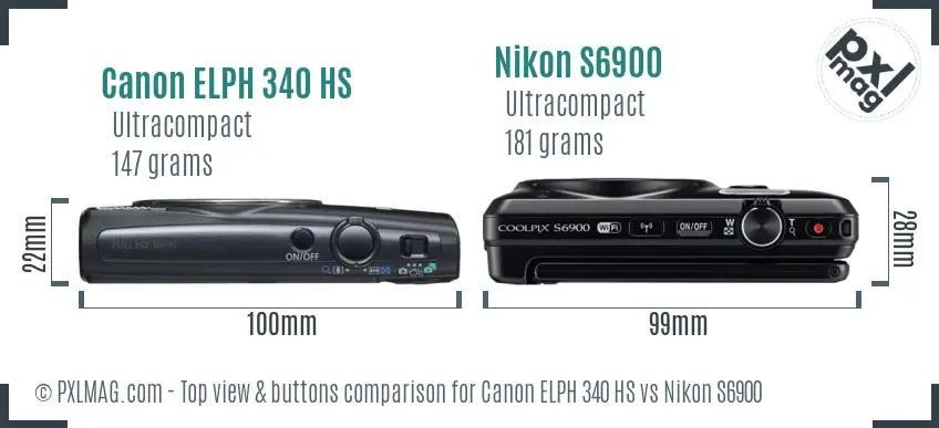 Canon ELPH 340 HS vs Nikon S6900 top view buttons comparison