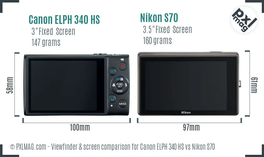 Canon ELPH 340 HS vs Nikon S70 Screen and Viewfinder comparison