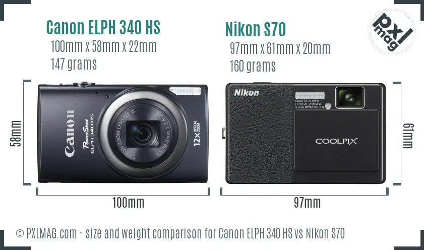 Canon ELPH 340 HS vs Nikon S70 size comparison