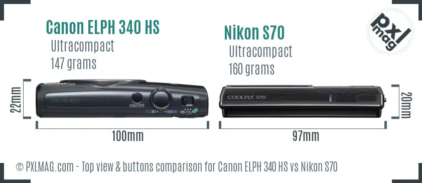 Canon ELPH 340 HS vs Nikon S70 top view buttons comparison