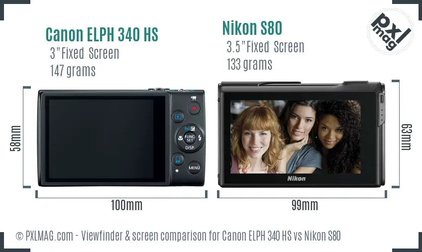 Canon ELPH 340 HS vs Nikon S80 Screen and Viewfinder comparison