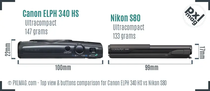 Canon ELPH 340 HS vs Nikon S80 top view buttons comparison