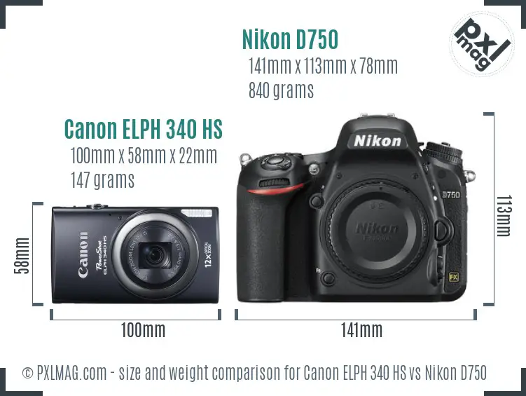 Canon ELPH 340 HS vs Nikon D750 size comparison