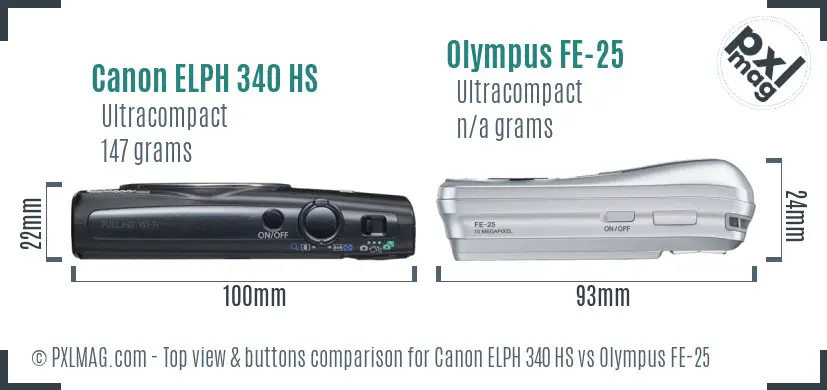 Canon ELPH 340 HS vs Olympus FE-25 top view buttons comparison