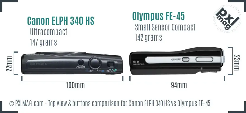 Canon ELPH 340 HS vs Olympus FE-45 top view buttons comparison