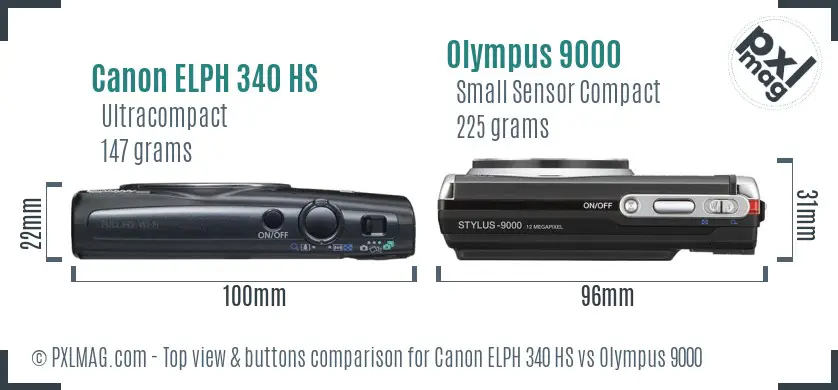 Canon ELPH 340 HS vs Olympus 9000 top view buttons comparison