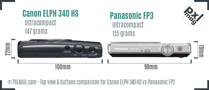 Canon ELPH 340 HS vs Panasonic FP3 top view buttons comparison