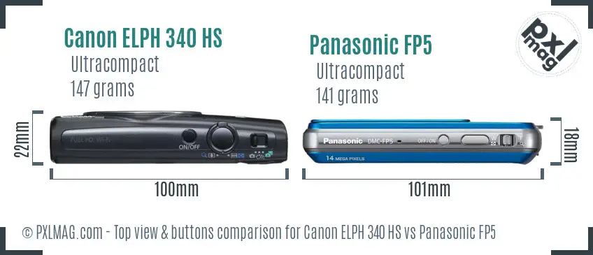 Canon ELPH 340 HS vs Panasonic FP5 top view buttons comparison