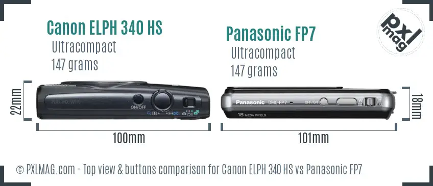 Canon ELPH 340 HS vs Panasonic FP7 top view buttons comparison