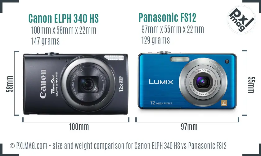 Canon ELPH 340 HS vs Panasonic FS12 size comparison