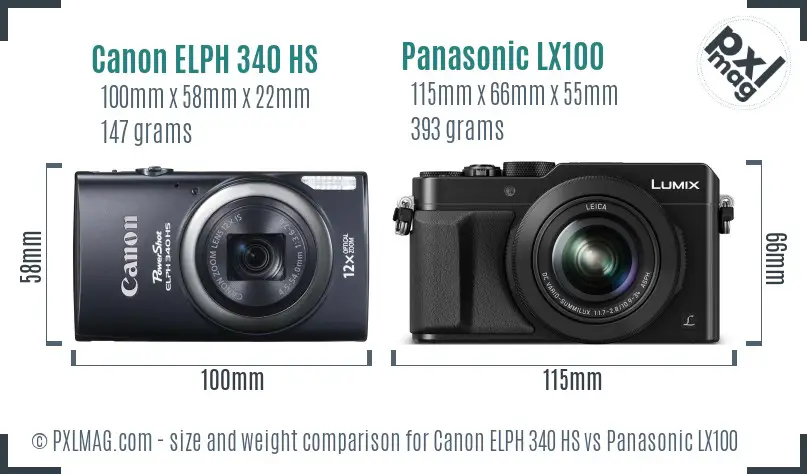 Canon ELPH 340 HS vs Panasonic LX100 size comparison