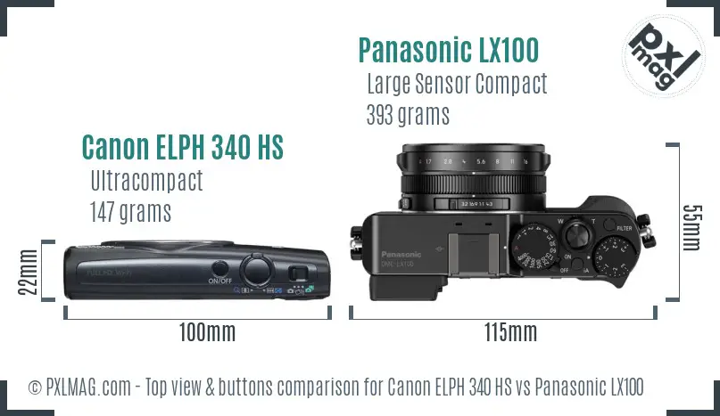 Canon ELPH 340 HS vs Panasonic LX100 top view buttons comparison