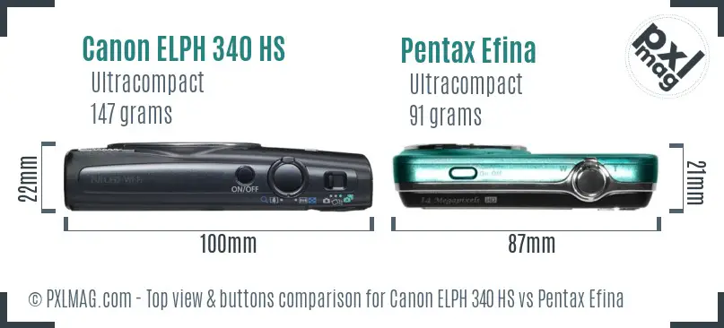 Canon ELPH 340 HS vs Pentax Efina top view buttons comparison