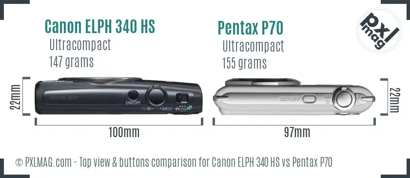 Canon ELPH 340 HS vs Pentax P70 top view buttons comparison Canon ELPH 340 HS vs Pentax P70 top view buttons comparison