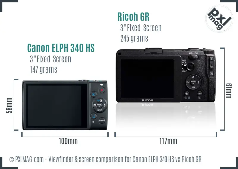 Canon ELPH 340 HS vs Ricoh GR Screen and Viewfinder comparison