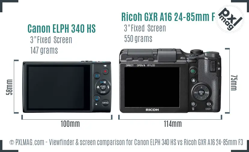Canon ELPH 340 HS vs Ricoh GXR A16 24-85mm F3.5-5.5 Screen and Viewfinder comparison