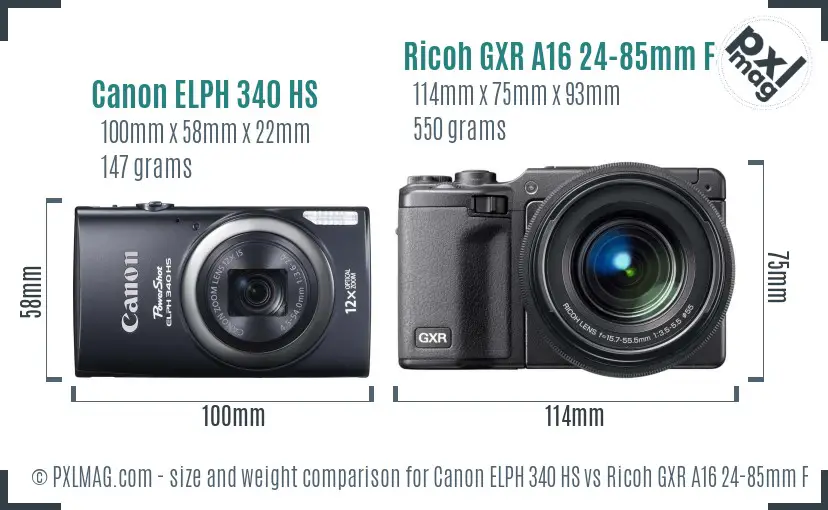 Canon ELPH 340 HS vs Ricoh GXR A16 24-85mm F3.5-5.5 size comparison
