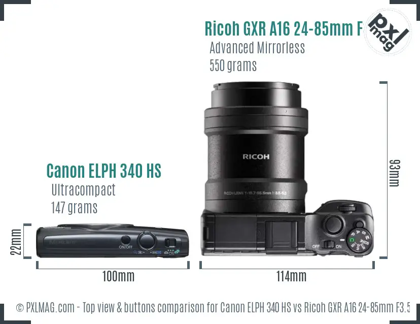 Canon ELPH 340 HS vs Ricoh GXR A16 24-85mm F3.5-5.5 top view buttons comparison