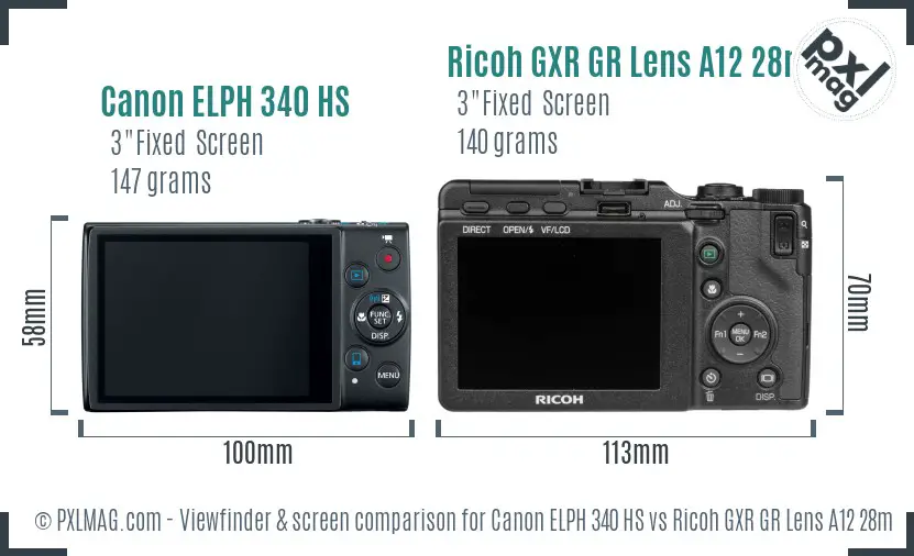 Canon ELPH 340 HS vs Ricoh GXR GR Lens A12 28mm F2.5 Screen and Viewfinder comparison