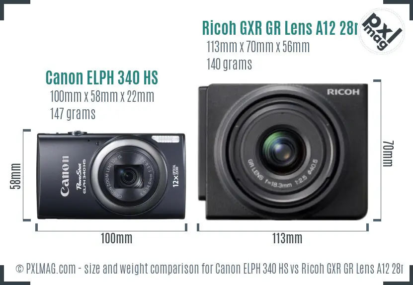 Canon ELPH 340 HS vs Ricoh GXR GR Lens A12 28mm F2.5 size comparison