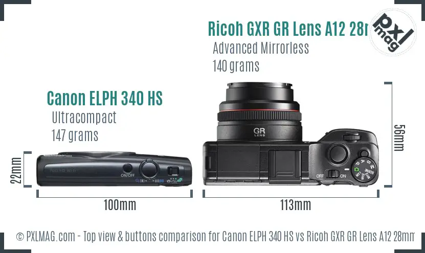 Canon ELPH 340 HS vs Ricoh GXR GR Lens A12 28mm F2.5 top view buttons comparison