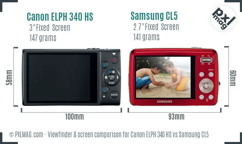 Canon ELPH 340 HS vs Samsung CL5 Screen and Viewfinder comparison