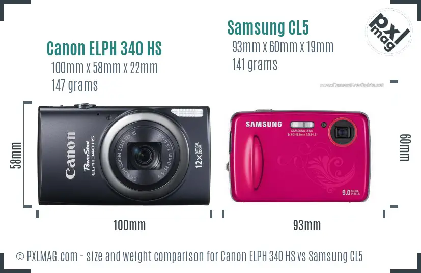 Canon ELPH 340 HS vs Samsung CL5 size comparison