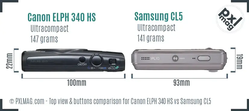 Canon ELPH 340 HS vs Samsung CL5 top view buttons comparison