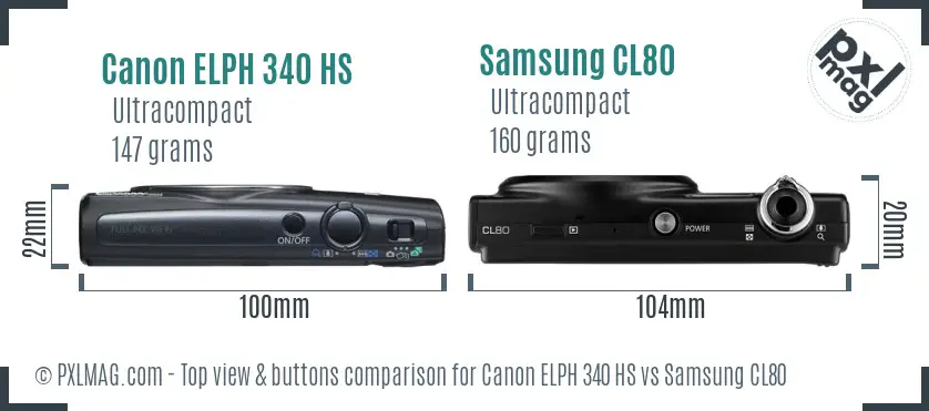 Canon ELPH 340 HS vs Samsung CL80 top view buttons comparison