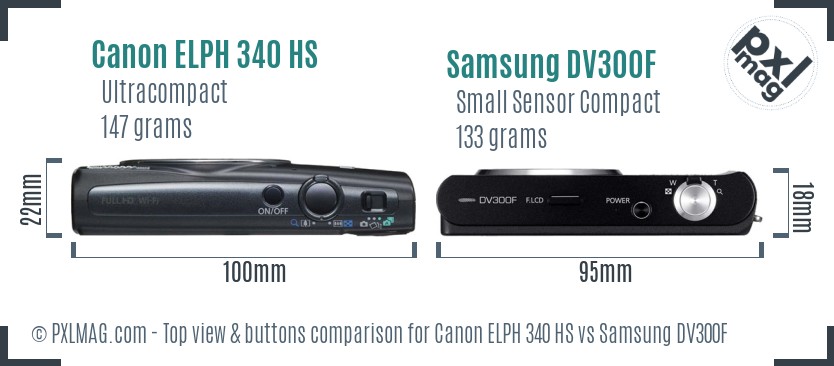 Canon ELPH 340 HS vs Samsung DV300F top view buttons comparison