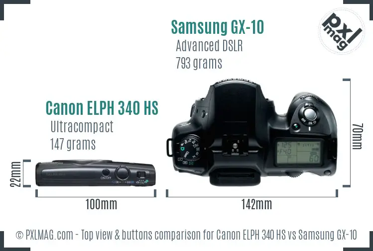 Canon ELPH 340 HS vs Samsung GX-10 top view buttons comparison