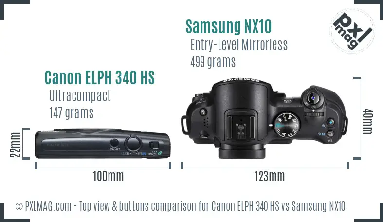 Canon ELPH 340 HS vs Samsung NX10 top view buttons comparison