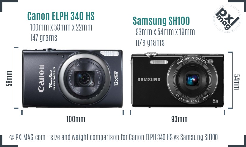Canon ELPH 340 HS vs Samsung SH100 size comparison