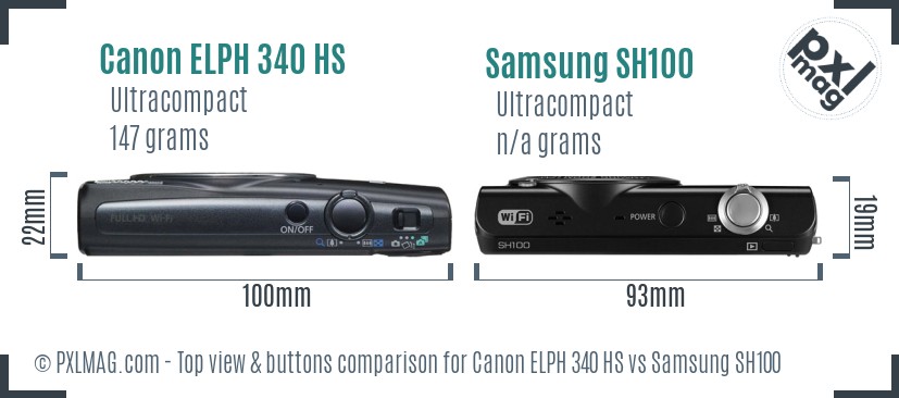 Canon ELPH 340 HS vs Samsung SH100 top view buttons comparison
