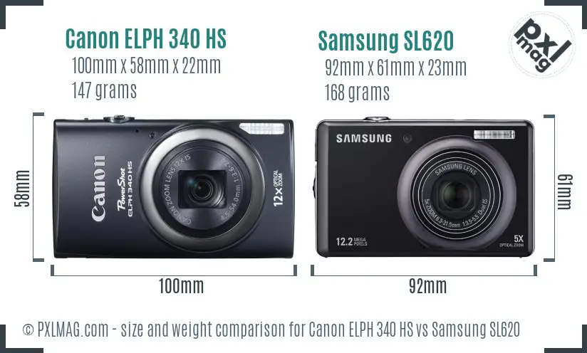 Canon ELPH 340 HS vs Samsung SL620 size comparison