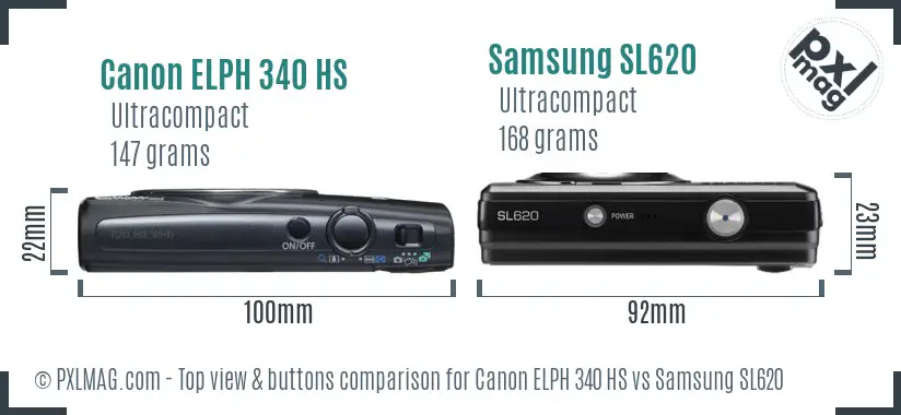 Canon ELPH 340 HS vs Samsung SL620 top view buttons comparison