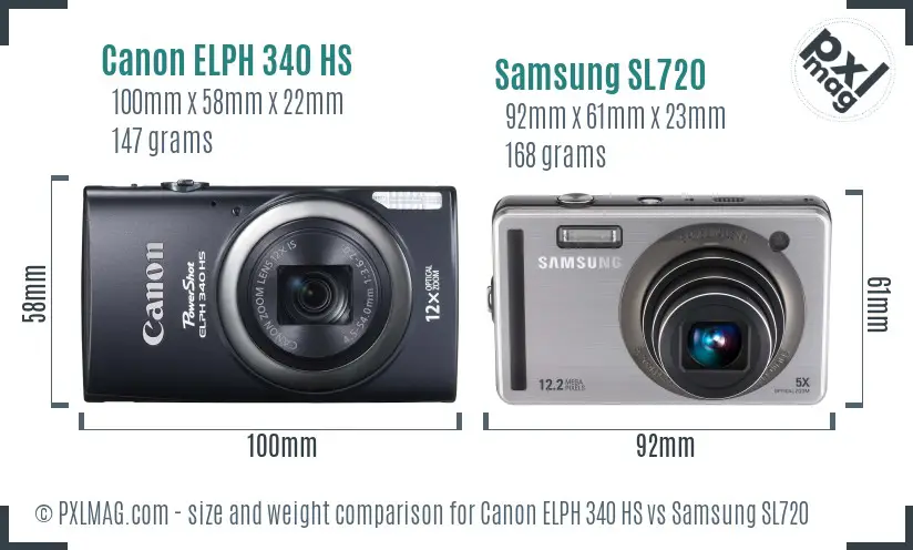 Canon ELPH 340 HS vs Samsung SL720 size comparison