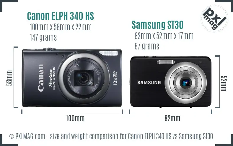 Canon ELPH 340 HS vs Samsung ST30 size comparison