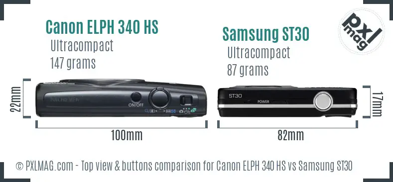 Canon ELPH 340 HS vs Samsung ST30 top view buttons comparison