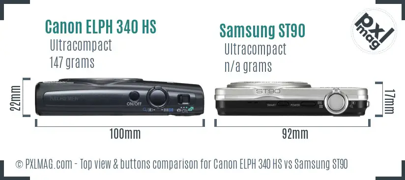 Canon ELPH 340 HS vs Samsung ST90 top view buttons comparison
