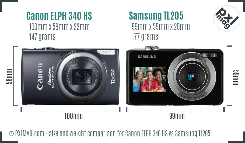 Canon ELPH 340 HS vs Samsung TL205 size comparison