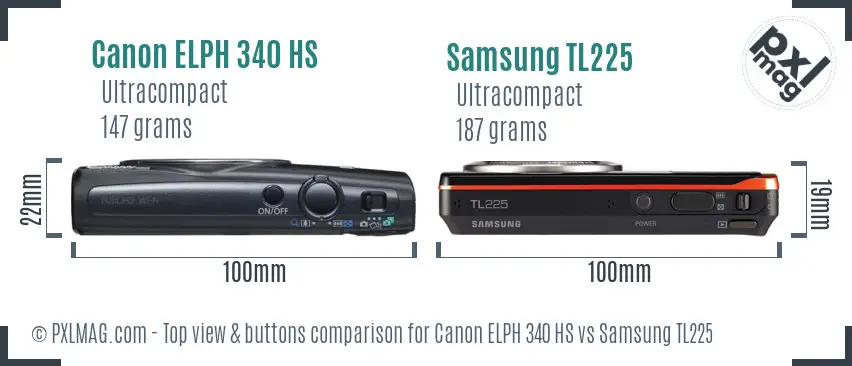 Canon ELPH 340 HS vs Samsung TL225 top view buttons comparison Canon ELPH 340 HS vs Samsung TL225 top view buttons comparison