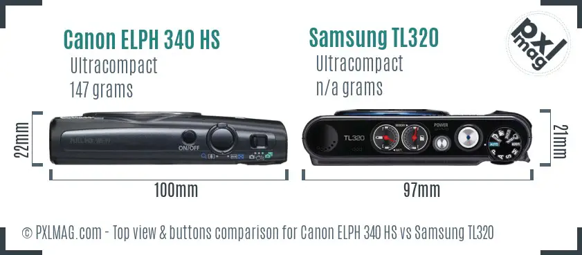 Canon ELPH 340 HS vs Samsung TL320 top view buttons comparison