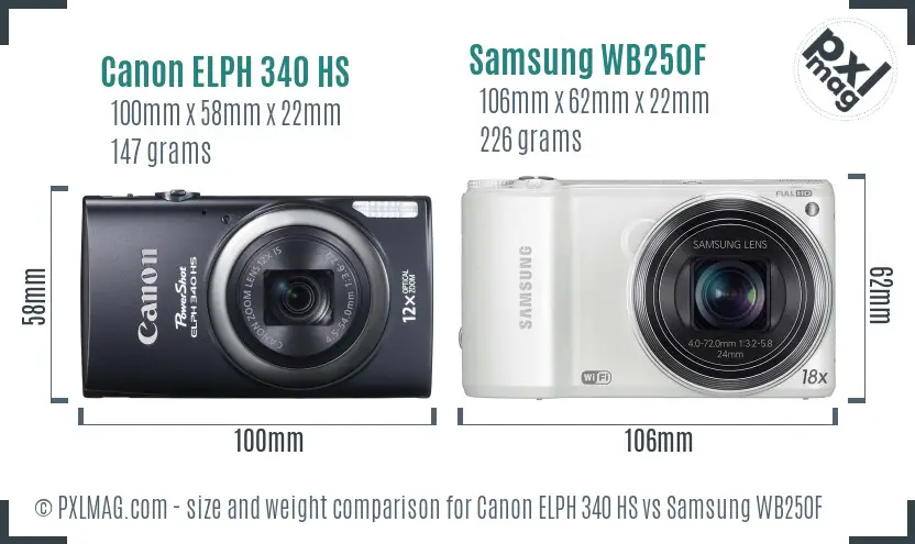 Canon ELPH 340 HS vs Samsung WB250F size comparison