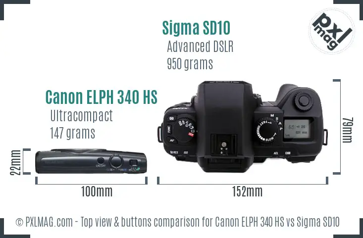Canon ELPH 340 HS vs Sigma SD10 top view buttons comparison