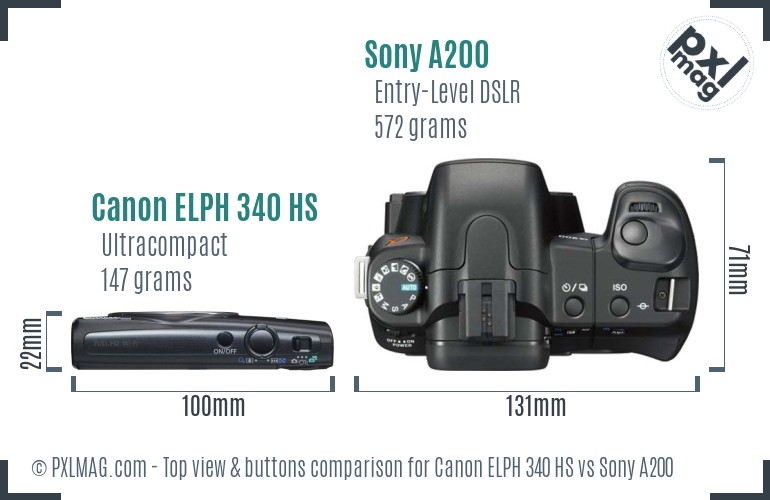 Canon ELPH 340 HS vs Sony A200 top view buttons comparison