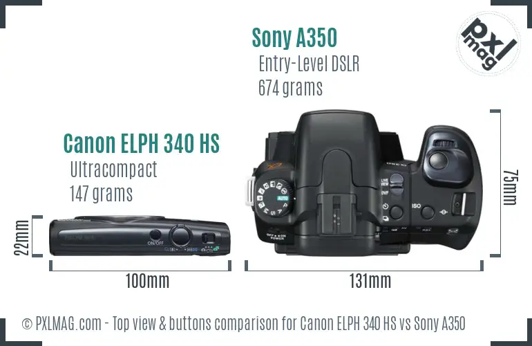 Canon ELPH 340 HS vs Sony A350 top view buttons comparison Canon ELPH 340 HS vs Sony A350 top view buttons comparison