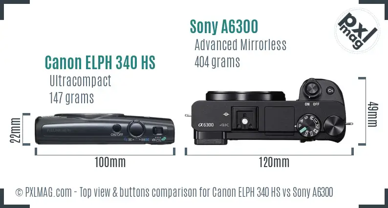 Canon ELPH 340 HS vs Sony A6300 top view buttons comparison